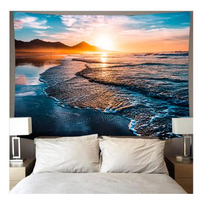 China Minimalist Blue Sunset Tapestry Wall Hanging Landscape Sea Wave Beach Home Decor Tapestry for sale