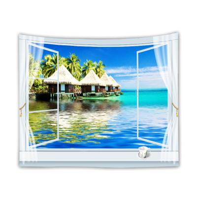 China Minimalist Landscape Tapestry Out Of The Window Sea Sunrise Wall Hanging Landscape Coconut Tree Tapestries for sale