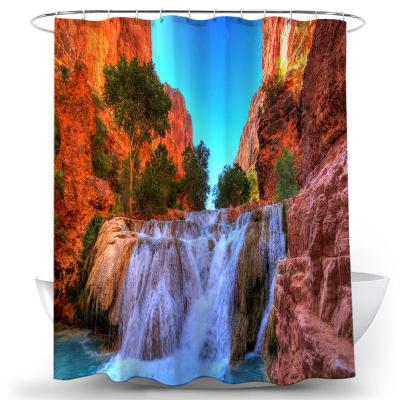 China Bath Polyester Room Curtain Sustainable Waterproof Landscape Shower Curtain With Hook Waterfall 3d Shower Curtain for sale