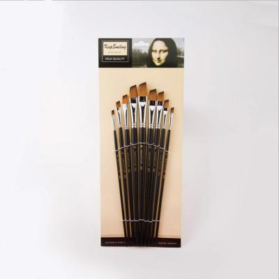 China Colored Long Rod Black Matt Nylon Wool 9pcs Slant Dictionary Head For Painting Watercolor Acrylic Oil Painting Set for sale