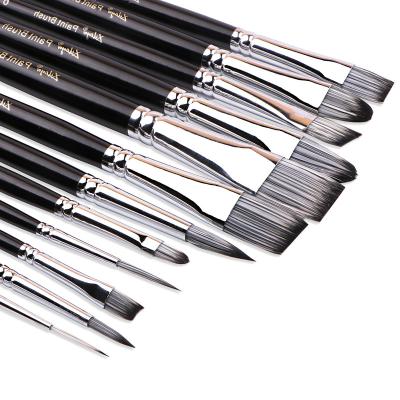 China Wholesale 12pcs Acrylic Black Handle Factory Flat Max Oil Gouache Watercolor Artists Paint Brush Set for Watercolor Acrylic Painting for sale