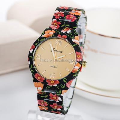 China Non-Specific Floral Printing Geneva Rubberized Coated Strap Ladies Fashion Wrist Watch for sale