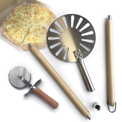 China Sustainable 9 Inch Circular Leaky Hole And Two Piece Spliced ​​Long Handle Pizza Shovel Combined Pizza Shovel Baking Set Set for sale