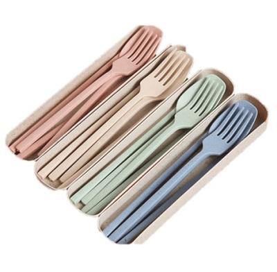 China Sustainable Plastic Straw Children's Wheat Picnic Tableware Set Fork and Spoon Japanese Biodegradable Portable Tableware Set For Child for sale