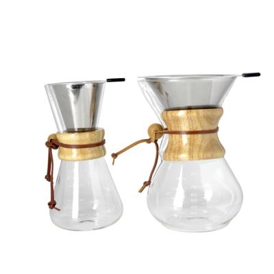 China Sustainable Coffee v60 Heat Resistant Clear Pour Over Wooden Coffee Maker 400ml Handle Glass Coffee Pot Drip Slice for sale