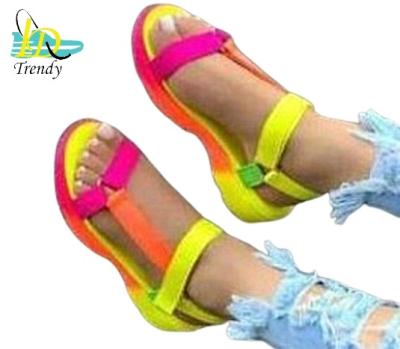 China Cushioning 2023 summer new wish border plus size women's shoes foreign trade sandals rainbow color ladies flat sandals for sale