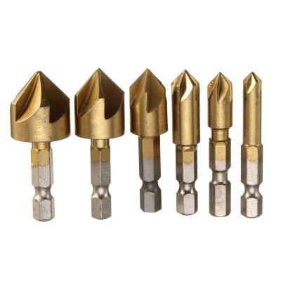 China For Deburring Hex Shank 6PC Titanium Coated 5 Flute HSS Countersink Chamfer Drill Bit 1/4