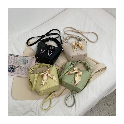 China Fashion Summer Pure Handbag Women Bucket Bag Purses Women Bucket Crossbody Bucket Bag Leather With Bow Scarf for sale