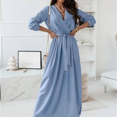 China SZ1231 Autumn Women's Anti-static V-Neckline Maxi Dresses Elegant Solid Skirt Cross Sash Loose plus size dress for sale