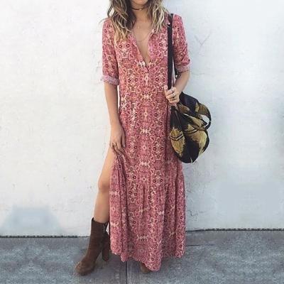 China SZ1209 Viable Women's Boutique Clothing Print Long Sleeve Split Elegant Casual Maxi Dress Women Lady Dresses for sale