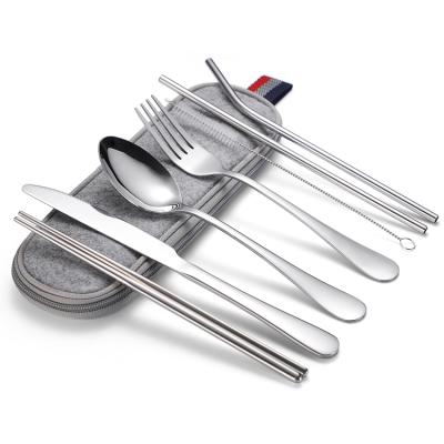 China Amazon Sale 8pcs Stainless Steel Travel Cutlery Set Knife Fork Spoon Viable Hot Reusable Portable Chopstick Straw With Bag for sale