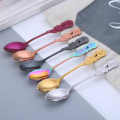 China Viable New Products Stainless Steel Rose Handle Spoon Tea Dessert Honey Spoon Small Coffee Mixing Spoon for sale