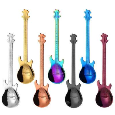 China Viable Creative Colorful Metal Guitar Spoon 304 Stainless Steel Tea Coffee Stirring Ice Cream Spoon for sale