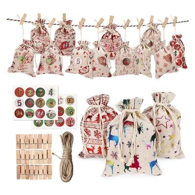 China 24Pcs Snack Christmas Gift Bags Christmas Advent Calendar Bag Candy Storage Pouch DIY Jute Countdown Calendar Bag for sale