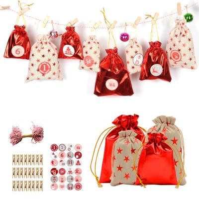 China Wooden star COTTON advent 24 number stickers 24 red wooden clip and 10 meters rope gift bags date1-24 for sale