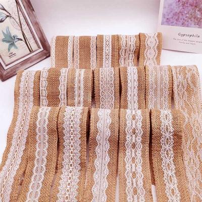 China Natural Hessian Burlap Ribbon Roll with White Lace DIY Home Decor Rustic Wedding Favor Decorations for sale