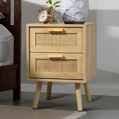 China (Other) Nightstand Accent Table Storage Adjustable Natural Wood Bedside Table with 2 Drawers Handcrafted Rattan Decorated for sale