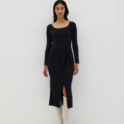 China Elegant Midi Length Dress Women One Piece Midi Skirt Cotton Long Sleeve Breathable Sexy Black Tie Waist Custom Made for sale