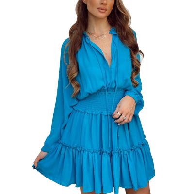 China Wholesale Breathable Custom Casual One-Piece Lantern Tie Chiffon Long Sleeve V-Neckline Ruched Ruffle Edge Smocked Mini Short Dresses For Women for sale