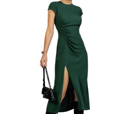 China 2023 Wholesale Custom Green Midi Skirt Breathable Split Buttons High Detail Elegant Club Party Cocktail Midi Dress Sexy Women for sale