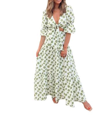 China Breathable Spring Dresses 2023 V-neck Maxi Vestidos Ruffle Hem Puff Sleeve Knot Casual Tiered Tie All Over Floral Print Dress Women Long for sale