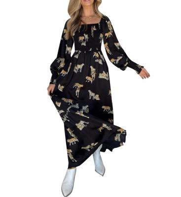 China Breathable Custom Spring Floor Length Elegant Casual Vestidos Leopards Print Ruched Tiered Chiffon Maxi Dresses Women Smocked Long Sleeve for sale