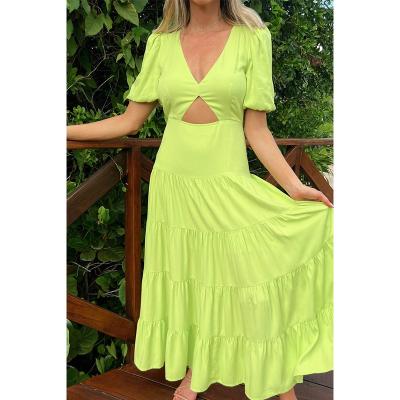 China Custom Breathable Casual Backless Breathable Long Sleeve Vestidos Women Spring Backless Tiered Ruched Maxi Dresses Ladies Sexy for sale