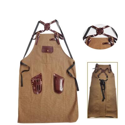 China Custom Logo Canvas Logo Salon Haircut Apron Hairstylist Barber Hairdresser Waxed Canvas Aprons With Pockets for sale