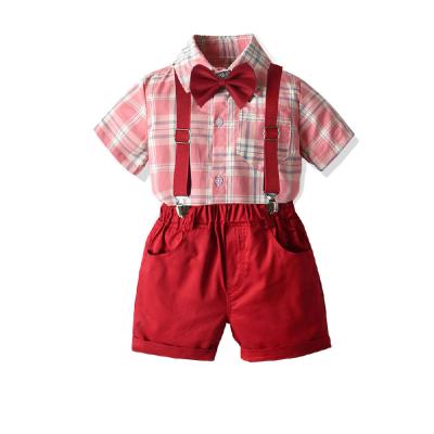 China Kids Boys Casual Clothing Set Short Sleeve Plaid Bowtie Shirt +Suspender Shorts Clothing Set 2Pcs Kids Boy Gentleman Teams for sale