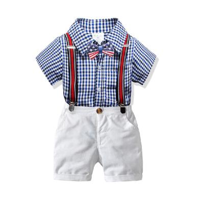 China Summer Children Kids Boys Gentleman Clothing Set Boys Casual Short Sleeve Shirt+Suspenders Shorts Outfit Wedding Party Casual Clothes for sale