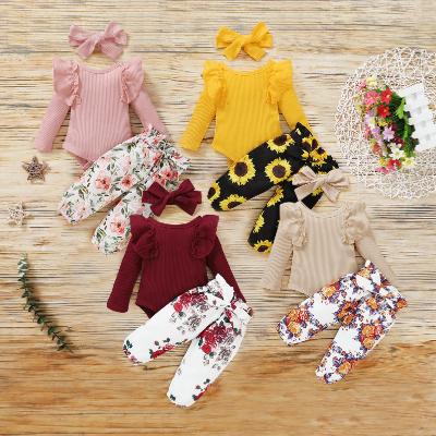 China Breathable 2022 Newborn Baby Clothes Autumn Ribbed Ruffles Romper Floral Pants Headband Toddler 2020 Clothing Set Infant Girls Outfits for sale