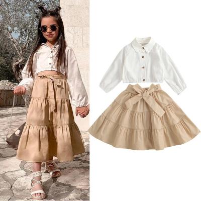 China Vintage Children's Clothing 2021 New Fashion Girls' Long Sleeve Puff Sleeve Blouse White Bow Trim Two-Piece Suit for sale