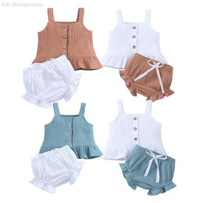 China 2021 Summer Breathable Infant Cotton Baby Clothing Set Baby Outfits 2Pcs Canvas Shirt Tops Bow PP Shorts Bottoms Solid Sunsuit for sale