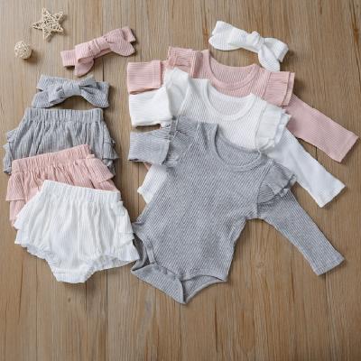 China 2021 Breathable Baby Newborn Autumn Clothing Long Sleeve Ruffles Ribbed Romper Shorts Suit Casual Autumn 3Pcs Clothing Sets for sale