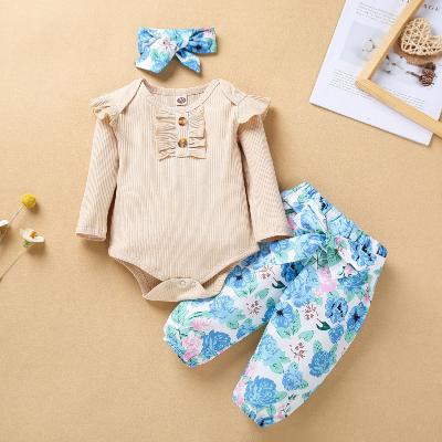 China 2022 Breathable Spring Autumn Baby Clothes Set Ruffle Flower Romper Pants Headband 3pcs Outfit Cotton Infant Babies Clothes Set for sale