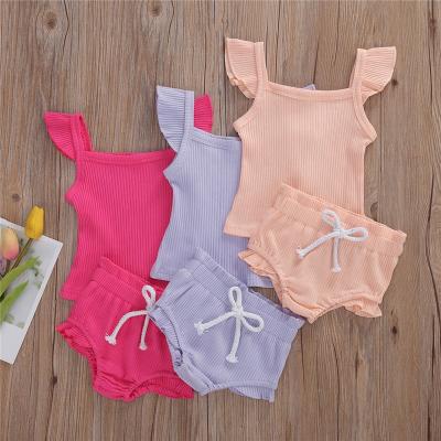 China Breathable Infant Toddler Clothes Newborn Baby Solid Cotton Knitted Sleeveless Tank Tops + Bottom Shorts Pants Outfit 2Pcs Set for sale