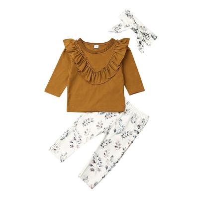 China Casual Toddler Baby Clothes Sets Autumn Winter Outfits Baby Ruffle Tops Floral Pants Headband 3Pcs Outfits Set for sale