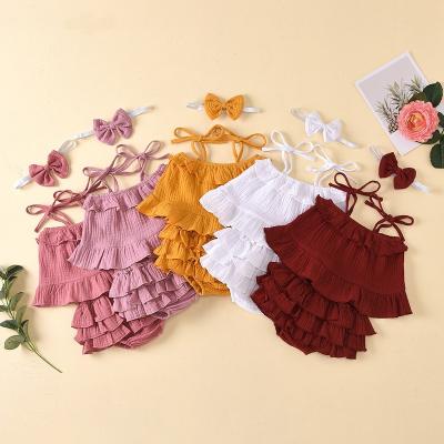 China Breathable Summer Baby Clothes Set Babies Ruffles Shirt PP Shorts 2pcs Outfit Infant Sling BABY Tops Shorts Headband 3pcs Clothes Set for sale