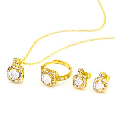 China TRENDY Skyline 18K Gold Plated Necklace And Earrings And Rings Wedding 3 Pcs Sets Zircon Bridal Jewelry Set for sale