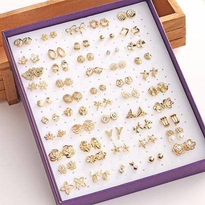 China FASHIONABLE horizon Korean version of 50 pairs of mixed series boxed hollow diamond earrings small gold hypoallergenic earrings wholesale for sale