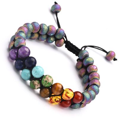 China Hot Selling Adjustable Woven Two-Row Angel Stones Horizon Crystals Healing Stones Colorful Crystal Chakra Bracelets For Men for sale