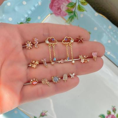 China Office/Career 18K Gold Plated Brass Zircon Animals Summer Beach Screw Flat Back Ear Piercing Stud Earring For Gril for sale