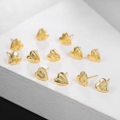 China New Cute Silver 925 18K Gold Plated Simple Initial A-Z Sterling Letter Stud Earrings Lucky Heart Shape Love For Women Girl for sale