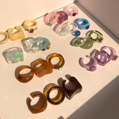 China FASHIONABLE Summer Vintage Square Colorful Stone Metallic Resin Finger Acrylic Rings For Women Girl for sale