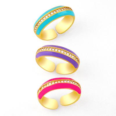 China New TRENDY Women Rings 18K Gold Plated Copper Rings Inlaid Zircon Color Drop Oil Open Rings For Girl Party Jewelry Gift for sale