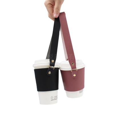 China Household Products PU Cup Sleeve With Handle Bubble Tea Cup Holder Coffee Cup Holder Chain Leather Cove for sale