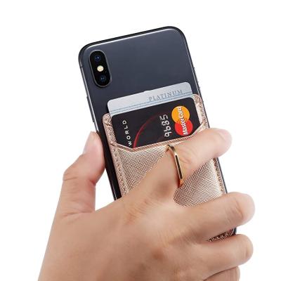 China Hot Sale PU Leather 3M Sticker Phone Back Card Holder Phone Card Holder with Ring Grip for Phone Back for sale