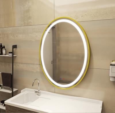 China Designer Magnifying Gold Hanging Wall Frame Decorative Oval Bathroom Led Mirror for sale