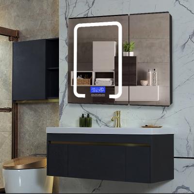 China 6000K Screen Clock Temperature Display Clock Wall Vanity Mirror Cabinet Double Door Bathroom Mirror Cabinet Digital Medicine Cabinet for sale