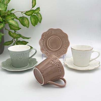 China 200ml Viable Best Selling Porcelain Brown Ceramic Personalized Coffee Mug Set For Coffee Shop With Saucer for sale